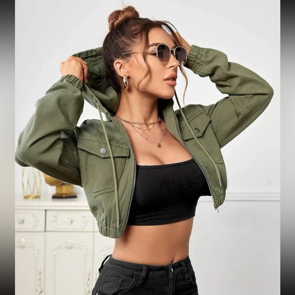 SHEIN Jackets & Blazers - SHEIN Unity Flap Pocket Drawstring Hooded Crop Denim Jacket
